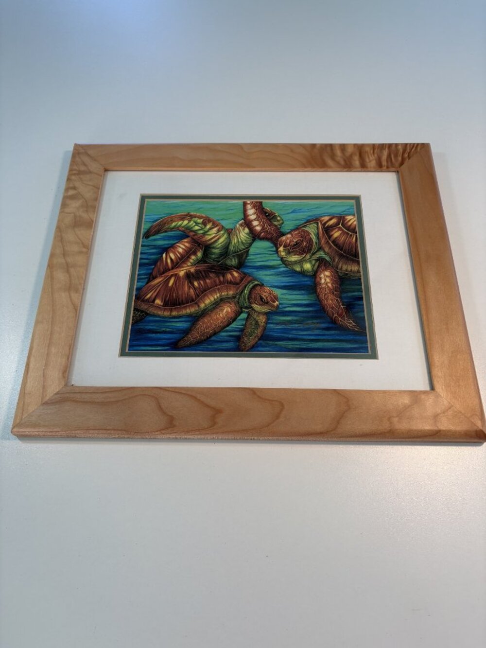 Teri Inouye Signed Sea Turtle Art Print Framed Matted Hawaiian Coastal Decor